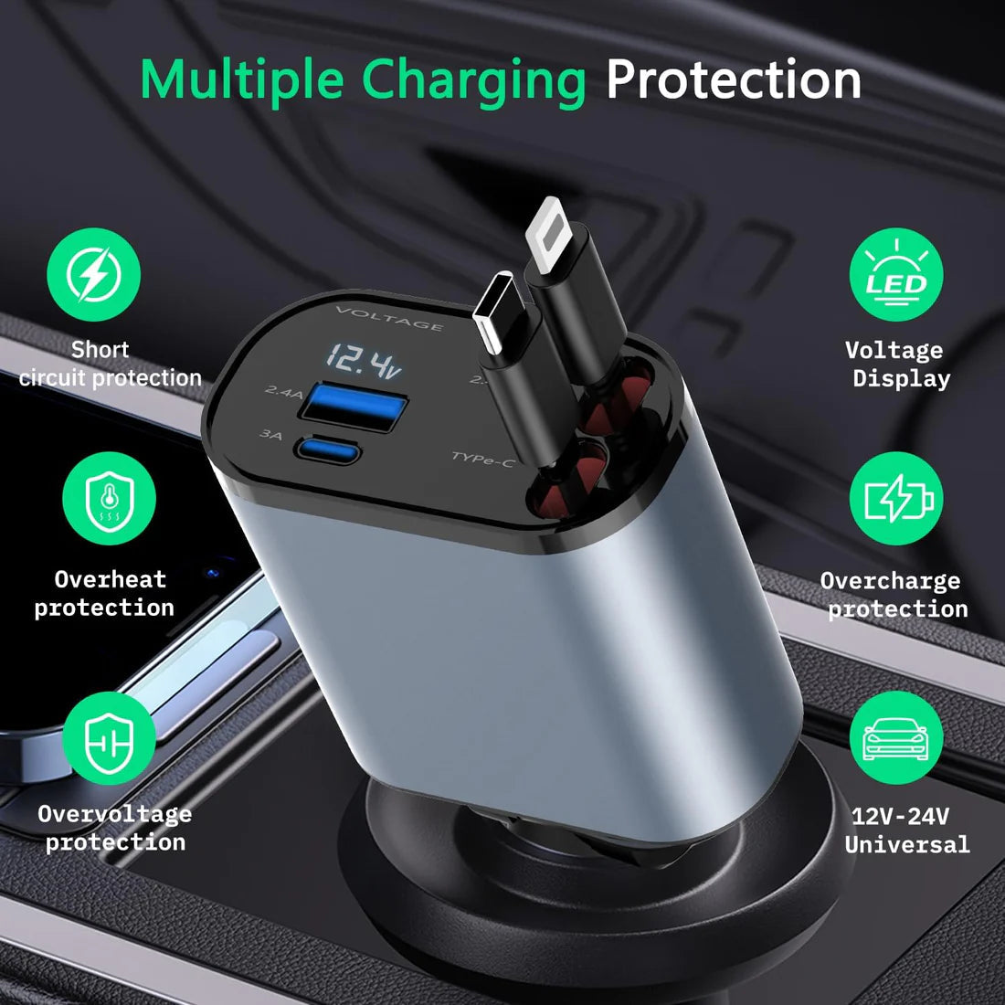 4 in 1 Retractable cables Fast Charging Car Phone Charger