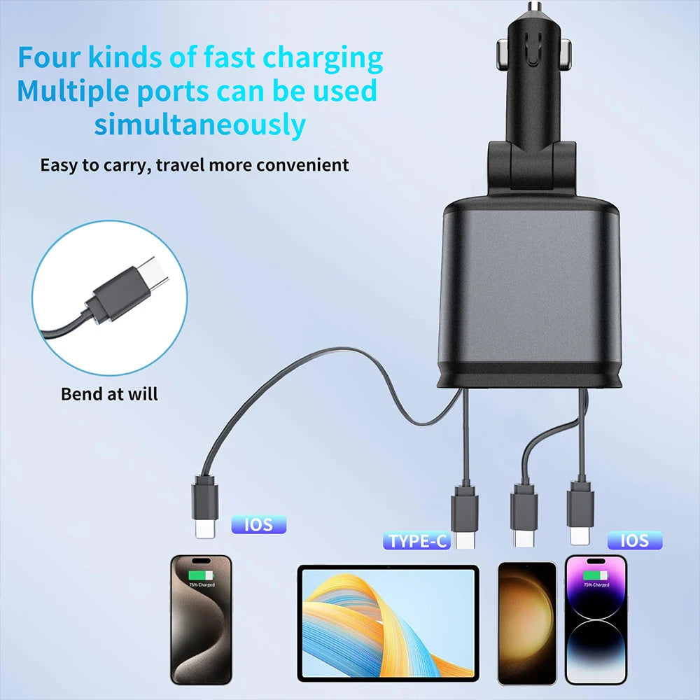 4 in 1 Retractable cables Fast Charging Car Phone Charger