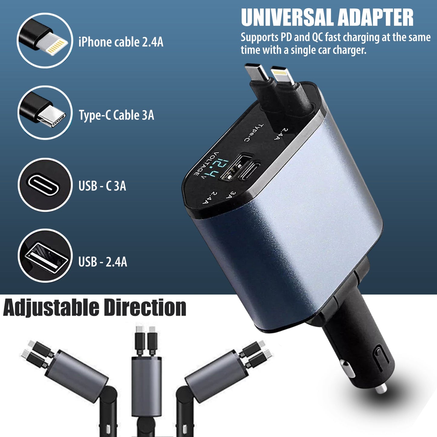 4 in 1 Retractable cables Fast Charging Car Phone Charger